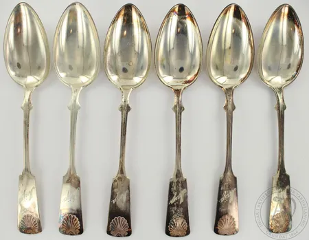 Kuusi keittolusikkaa, Musla, kaiverrettuja, vuodelta 1939, pituus 200mm, 813, paino 281,4g