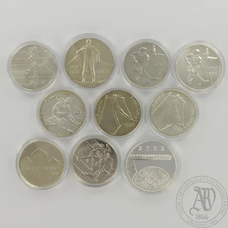 10 juhlarahaa, nimellisarvo 585mk ja 10€, pitoisuudet 5x500 4x830 ja 1x925, paino 253,2g