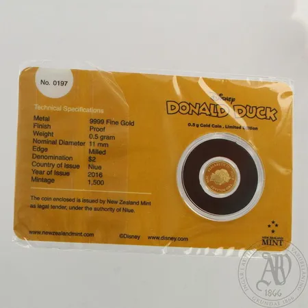 Kultaraha, Donald Duck, nimellisarvo 2$, 999, paino 0,5g