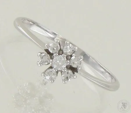 Timanttisormus 1xn.0.04ct 6xn.0.02ct (8/8-hiontaisia), koko 17½, tekijäleima AT, 750 valkokulta, paino 1,5g