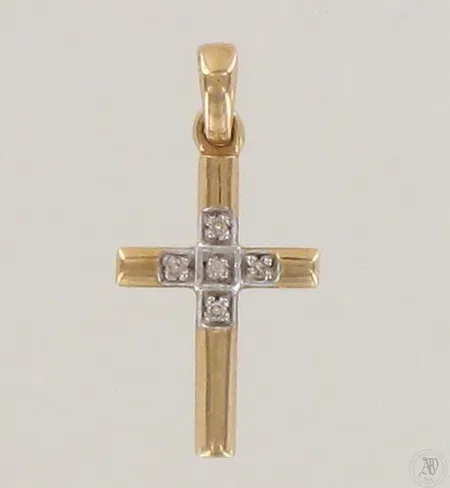 Ristiriipus timanteilla 5xn.0.005ct, korkeus 21mm, 585 kelta- ja valkokulta, paino 0,7g