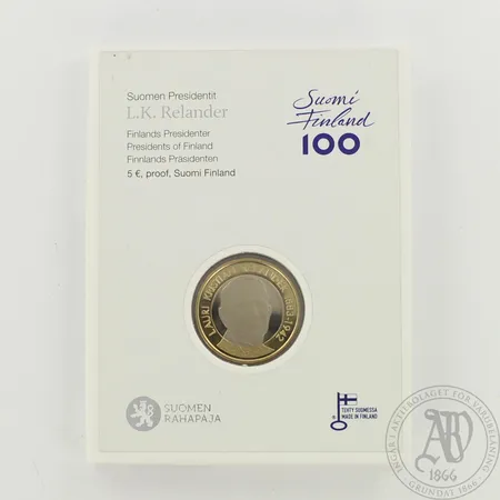 Juhlaraha, Suomen presidentit, L.K. Relander, nimellisarvo 5€, Cu/Ni, sealed alkuperäispakkauksessa