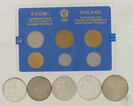 Viisi juhlarahaa nimellisarvo 105 markkaa, 500, paino 116,6g, Rahasarja Suomi 1984, nimellisarvo 6 markkaa 85 penniä
