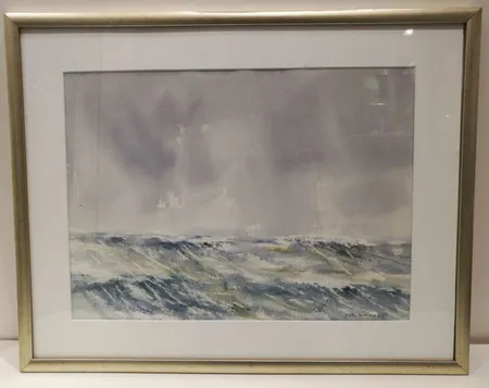 Akvarelli,  signeeraus Kalle Wikberg 04, Merellä, mitat 48,5x62cm. Ota yhteys panttilainaamoon kuljetusmaksusta sopimiseksi.