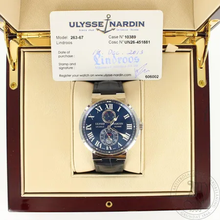 Teräsrannekello Ulysse Nardin, Model 263-67, automaatti, Chronometer, UN26-451881, taulun Ø 43mm, nahkaranneke, lasissa pieni jälki, Lindroosin aitoustodistus, laatikko ja paperit. Ota yhteys panttilainaamoon kuljetusmaksusta sopimiseksi.