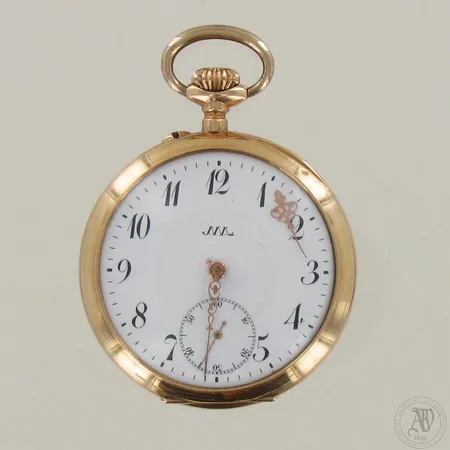 Viallinen kultataskukello JWL, sarjanumero 361156, välikuori metallia, 588br, paino 74,7g  