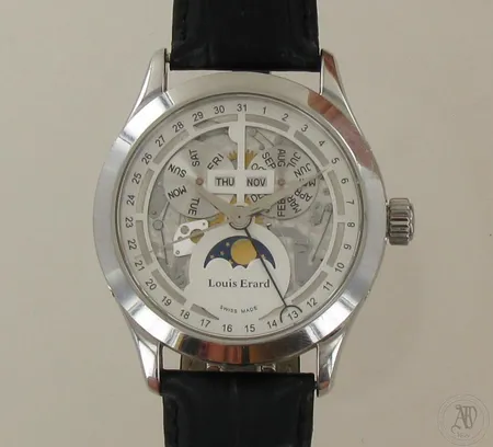 Teräsrannekello Louis Erard skeleton Moonphace , automaatti, Eta Cal.2824, nahkarannekkeella, taulun Ø 40mm