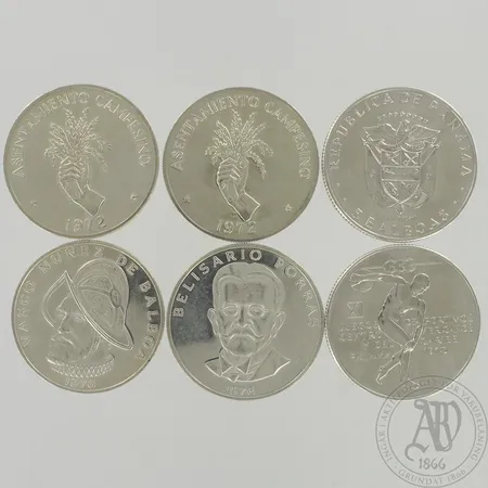 Kuusi hopearahaa, Republica de Panama, 925, paino 202,4g