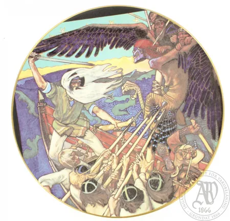 Seinälautanen Arabia, Kalevala 4 Sammon puolustus, Ø 23cm.  Lähetetään postipakettina.