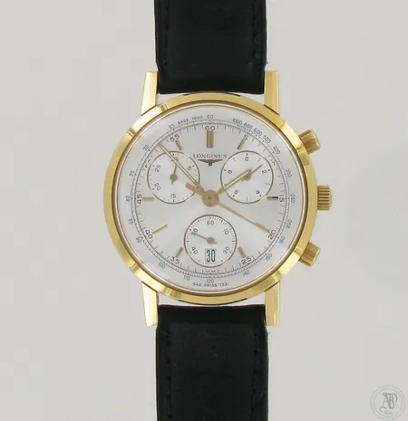 Kultarannekello Longines Chronograph, taulun Ø 38mm, cal.542.2, sarjanumero 7331542, nahkaranneke, 750br, paino 55,0g