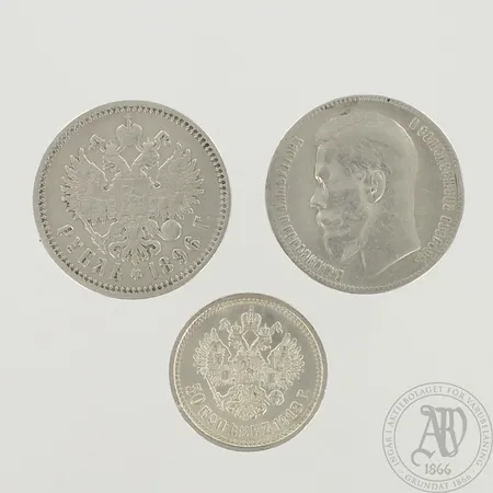Kolme hopeakolikkoa Venäjä, Nikolai II, 1896 1899 1913, 900, paino 49,7g 