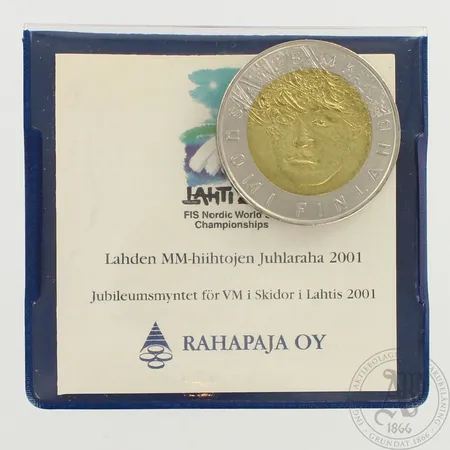 Juhlaraha, Suomi Hiihdon MM Lahti 2001, nimellisarvo 25mk, kupari/nikkeli, aitoustodistus, kotelo 