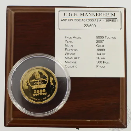 Kultaraha, C.G.E. Mannerheims ride across Asia, Mongolia 2007, nimellisarvo 5000 togrog, numero 22/500, 999, paino 7,8g, aitoustodistus ja puulaatikko, 