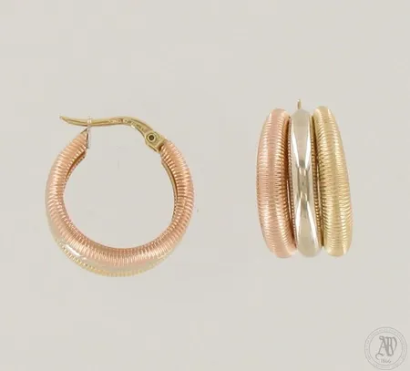Korvakorut, Ø 20mm, 750 kelta- valko- ja punakultaa, paino 5,8g