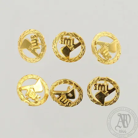 Kuusi pinssiä, yhdessä timantti 1xn.0.01ct, Ø 14mm, taustat metallia, 585, paino 9,6g 