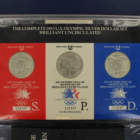 Kuusi juhlarahaa,1983 Olympic dollar, 1 dollar, United states of America, kirja ja todistukset, 900, 160,4g 