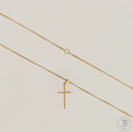 Panssarikaulaketju ja ristiriipus, ketjun pituus 70cm, ristin korkeus 32mm, 585, paino 8,3g