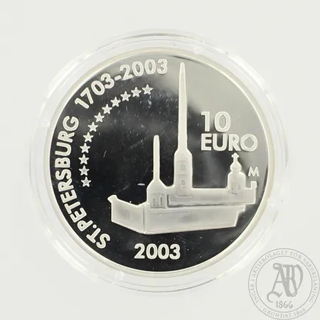 Juhlaraha Carl Gustaf Emil Mannerheim, nimellisarvo 10euroa, vuodelta 2003, todistus, 925br, paino 32,2g 