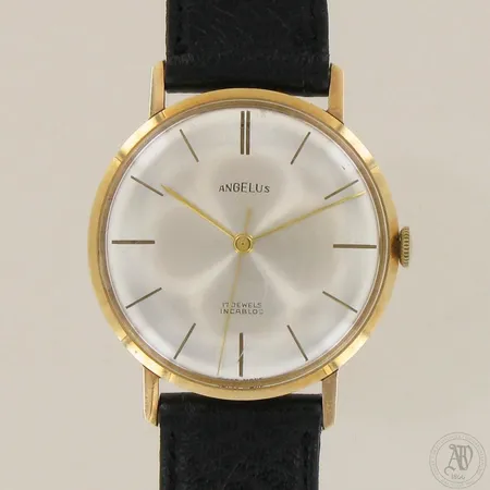 Kultarannekello Angelus 17 jewels incabloc, lasissa kulumaa, mekaaninen, taulun Ø 35mm, nahkaranneke, 585br, paino 25,5g 
