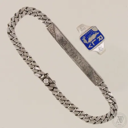 Emaloitusormus ja laattaranneketju, kaiverrettuja, 813-925, paino 21,0g