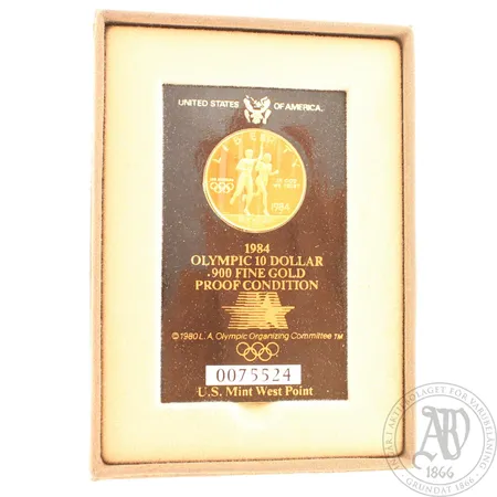 Kultaraha, Los Angeles 1984 olympics, nimellisarvo 10 dollaria, nro.0075524, 900, paino 16,7g, alkuperäiskotelo