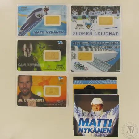 Viisi kultaharkkoa Matti Nykänen, Sami Jauhojärvi, Antti Ruuskanen, Suomen Leijonat ja Helsingin Olympiastadion, todistukset, 999, paino 12,5g 