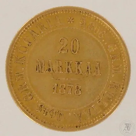 Kultaraha, Suomi - 1878, nimellisarvo 20 Markkaa, 900, paino 6,4g