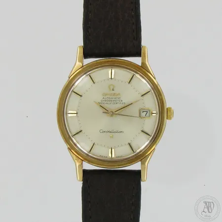 Kultarannekello Omega Constellation Chronometer officially certified nahkarannekkeella, automaatti, Ref:168.00576, Cal:24757111, Omega: 564, pituus 20cm, 585br, paino 43,5g  