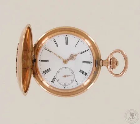 Kultataskukello Union No 45696, monogrammi etukannessa, Ø 55mm, 585br, paino 127,6g 