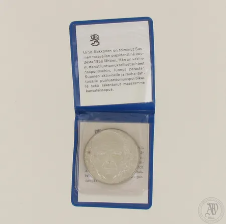 Juhlaraha U. K. Kekkosen syntymästä 75 vuotta, vuodelta 1975, nimellisarvo 10mk, kotelo, 500, paino 23,5g
