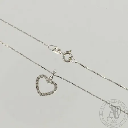 Kaulaketju timanttiriipuksella 20xn.0.005ct, riipuksen korkeus 15mm, ketjun pituus 43cm, 585 valkokulta, paino 2,4g 
