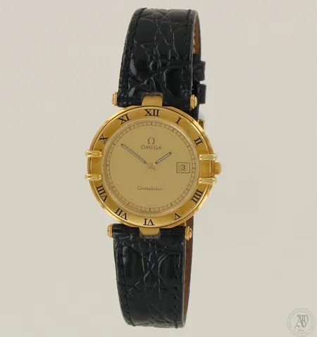 Kultarannekello Omega Constellation, quartz: paristo loppunut, taulun Ø 31mm, hihnan pituus 195mm, takuutodistus, laatikko, 750br, paino 34,6g