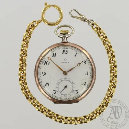 Hopeataskukello Omega, 15 jewels, kannen sisäpuolella kaiverrus, 800br, paino 67,9g, kullatut metalli kellonperät