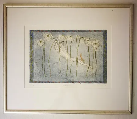 Etsaus Emmi Vuorinen, Unikkomeri -08, 1/30, mitat 23x33cm, kehyksissä kulumia. 