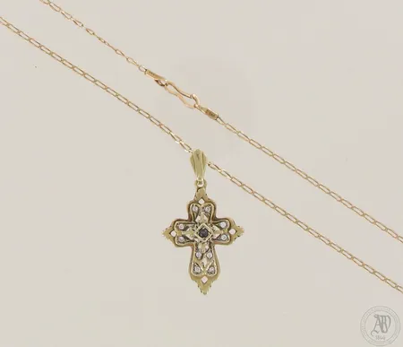 Kiviristiriipus ja kaulakeju, riipuksen korkeus 41mm, ketjun pituus 49cm, 585br kelta- ja valkokulta, paino 7,3g