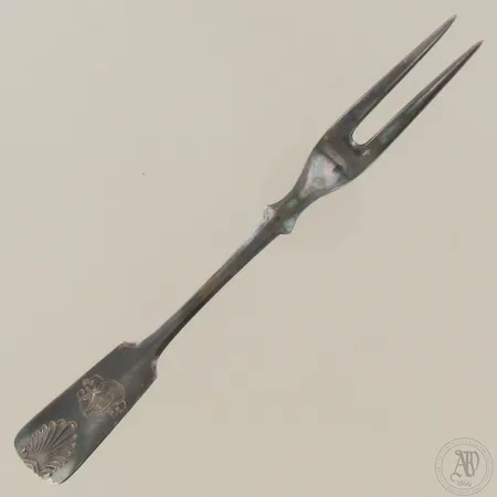 Tarjoiluhaarukka, Musla, kaiverrettu, pituus 172mm, alkuperäinen laatikko, vuodelta 1935, 813, paino 29,0g