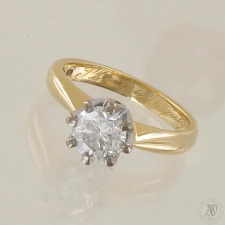 Timanttisormus 1xn.1.00ct, kaiverrettu, koko 16, aitoustodistus, 750 kelta- ja valkokulta, paino 5,2g 