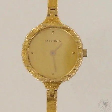 Kultarannekello Lapponia, sarjanumero A228008, quartz, taulun Ø 19mm, rannekkeen pituus 173mm, 750br, paino 22,3g