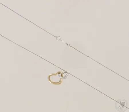 Kaulakoru, ketjun pituus 56,5cm, riipusosan korkeus 20mm, 585 valko- ja keltakulta, paino 2,0g  