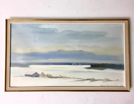 Öljyvärimaalaus, signeeraus Tuomas Nelimarkka -67, koko 42x71cm. Tekijänoikeuslain mukainen jälleenmyyntikorvaus 5%, johon lisäämme voimassa olevan alv:n (10%) mikäli viimeinen huutohinta ylittää 255€, (kuuluu jälleenmyyntikorvauksen piiriin). Ota yhteys panttilainaamoon kuljetusmaksusta sopimiseksi.