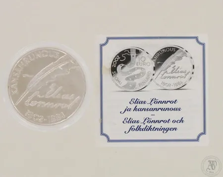 Hopea juhlaraha Elias Lönnrot ja kansanrunous 2002, nimellisarvo 10 euroa, lyöntimäärä 40 000bu, aitoustodistus, 925, paino 27,9g