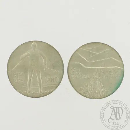 Kaksi juhlarahaa, Lahti MM 1978, nimellisarvo 50mk, 500, paino 53,0g 