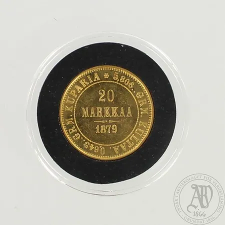 Kultaraha, Suomi - 1879, nimellisarvo 20 Markkaa, 900, paino 6,4g
