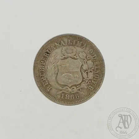 Hopearaha, Peru 1866, nimellisarvo 1/5 sol, Ø 23mm, 900, paino 5,0g