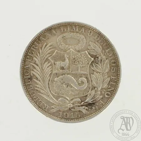 Hopearaha, Peru 1915, nimellisarvo 1 sol, Ø 37mm, 500, paino 25,0g