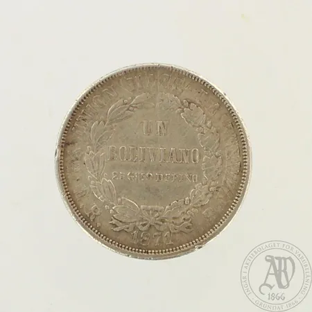 Hopearaha, Bolivia 1871, Ø 36mm, 900, paino 24,9g