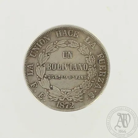 Hopearaha, Bolivia 1872, Ø 36mm, 900, paino 24,7g