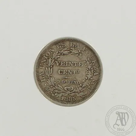Hopearaha, Bolivia 1885, nimellisarvo 5 cent, Ø 23mm, 900, paino 4,7g