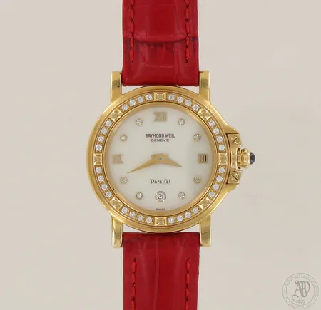 Kultarannekello Raymond Weil Geneve Parsifal timanteilla 48xn.0.005ct, 10.811-N 915, quartz:paristo loppunut, taulun Ø27mm, 750br, paino 25,3g