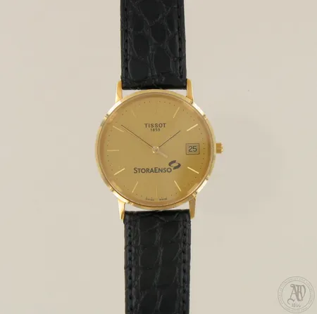 Kultarannekello Tissot 1853, H674320, Stora Enson logolla, quartz:paristo loppunut, kaiverrus takakannessa, taulun Ø33mm, 585br, paino 29,1g